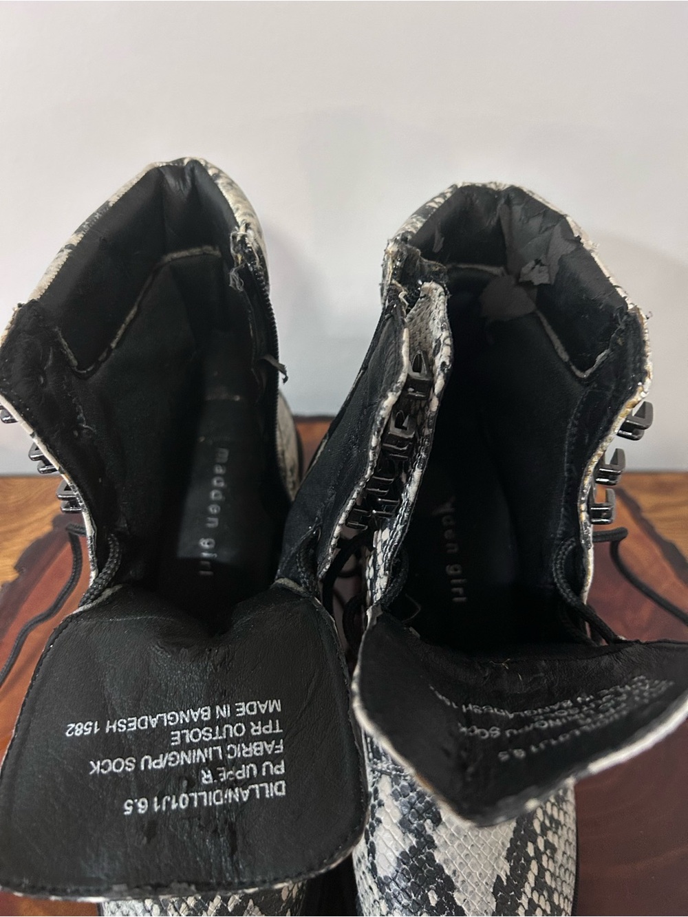 Madden Girl Black and White Snake-Print Combat Boots - Picture 7 of 14